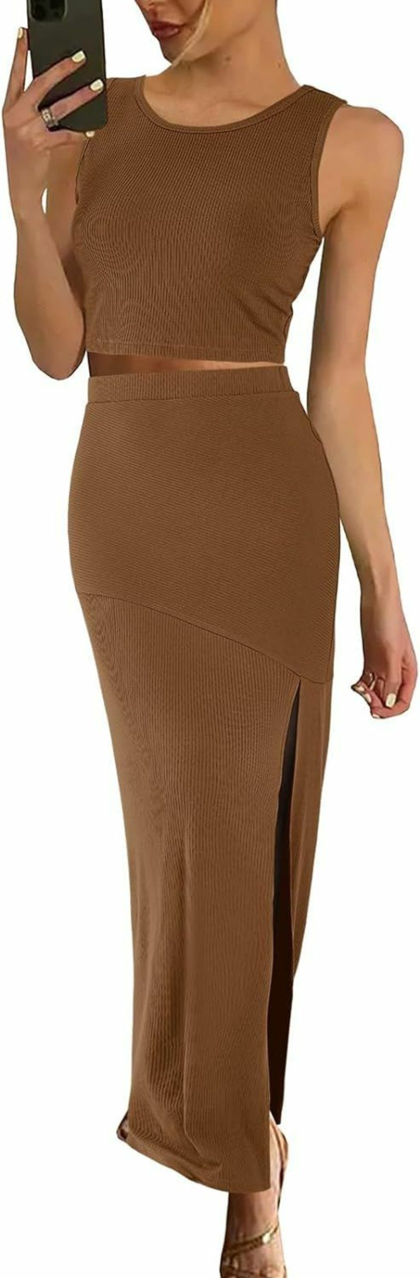 Wholesale Wenrine Wenrine Women'S 2 Piece Outfits Summer Crop Tops Slit Midi Skirt Ribbed Knit 2 Piece Skirt Sets