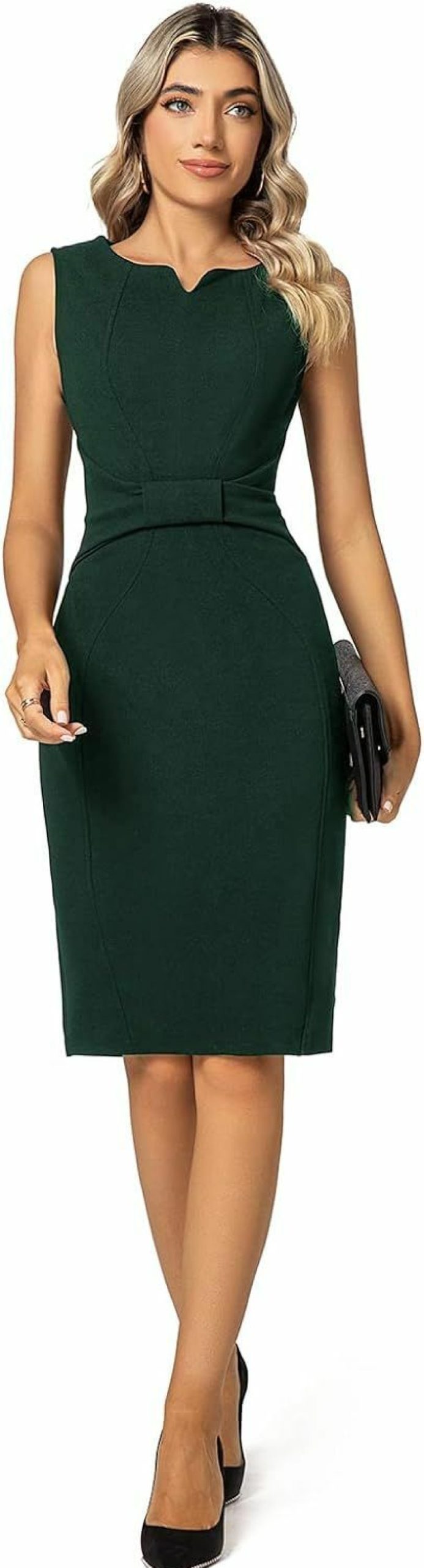 Clearance MINTLIMIT Mintlimit Women Sheath Dress Notch V Neck 3/4 Sleeve Bow Waist Wear To Work Pencil Dresses