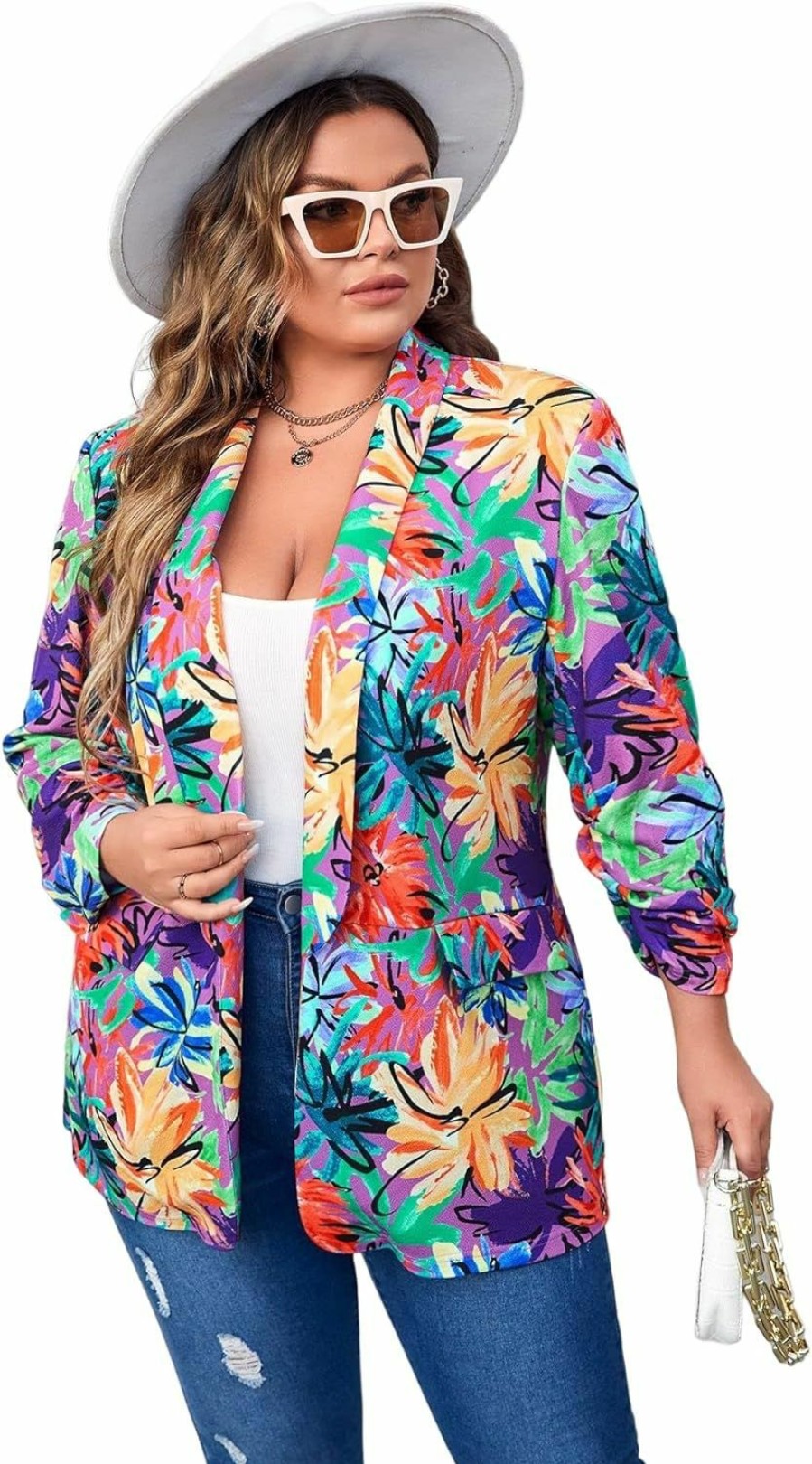 Wholesale WDIRARA Wdirara Women'S Plus Size Floral Print Blazer Button Open Front Long Sleeve Jacket Multicolor