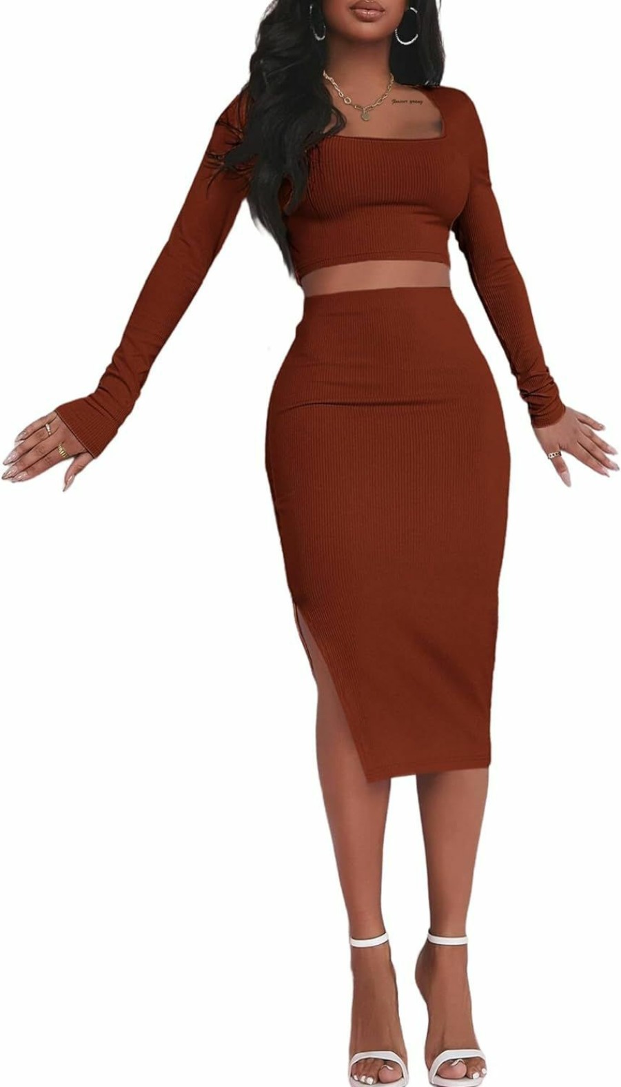 Hot LovelyWholesale Lovelywholesale Women'S Knit 2 Piece Dress Long Sleeve Square Neck Crop Tops Bodycon Midi Skirt