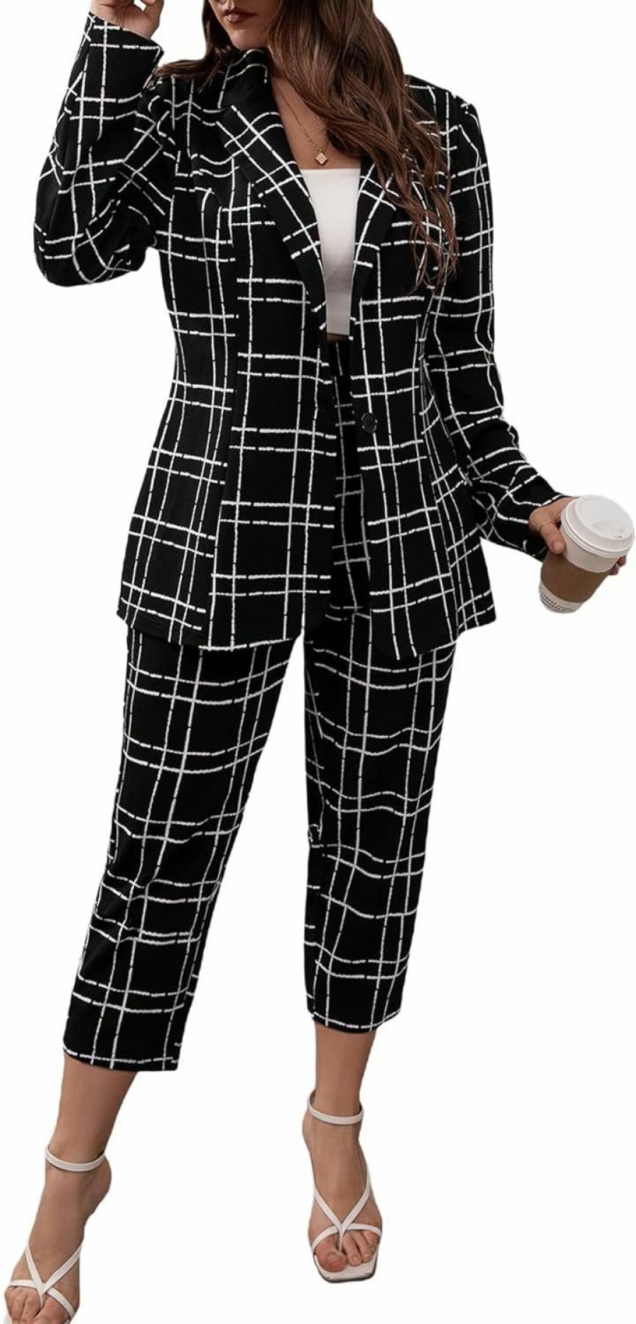 Clearance WDIRARA Wdirara Women'S Plus Size 2 Piece Outfit Plaid Button Front Blazer And Pants Set