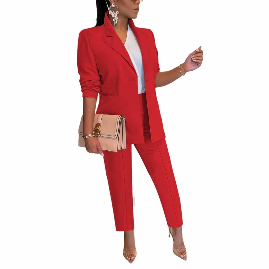 Clearance PRIVIMIX Women'S Blazer Suit Set 2 Piece Long Pants Sleeve Button Jacket Solid Work Business Casual Office Outfits