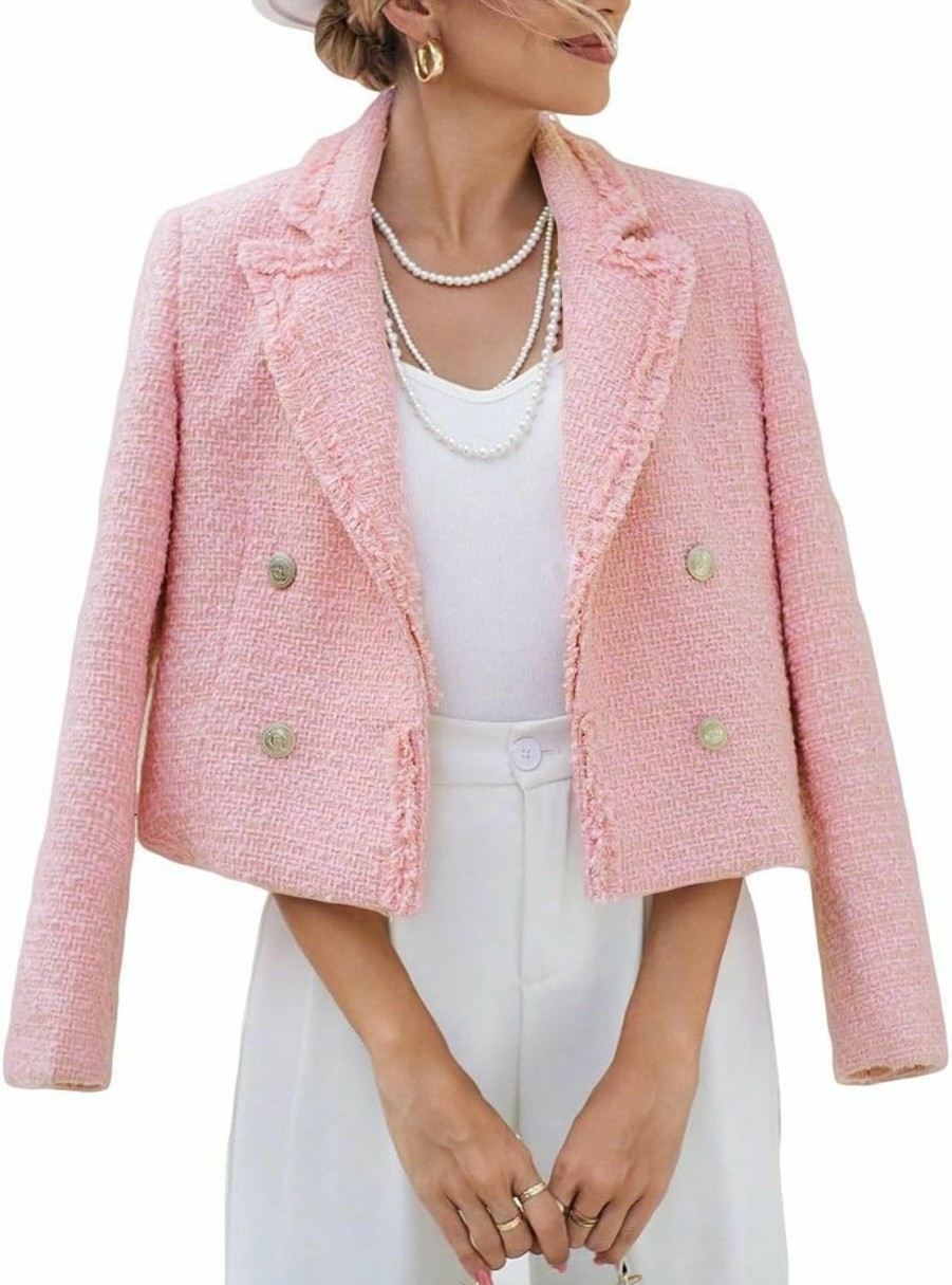 Online Mina self Tweed Blazers Jackets For Women 2024 Spring Fashion Lapel Cropped Elegant Open Front Office Casual Blazer