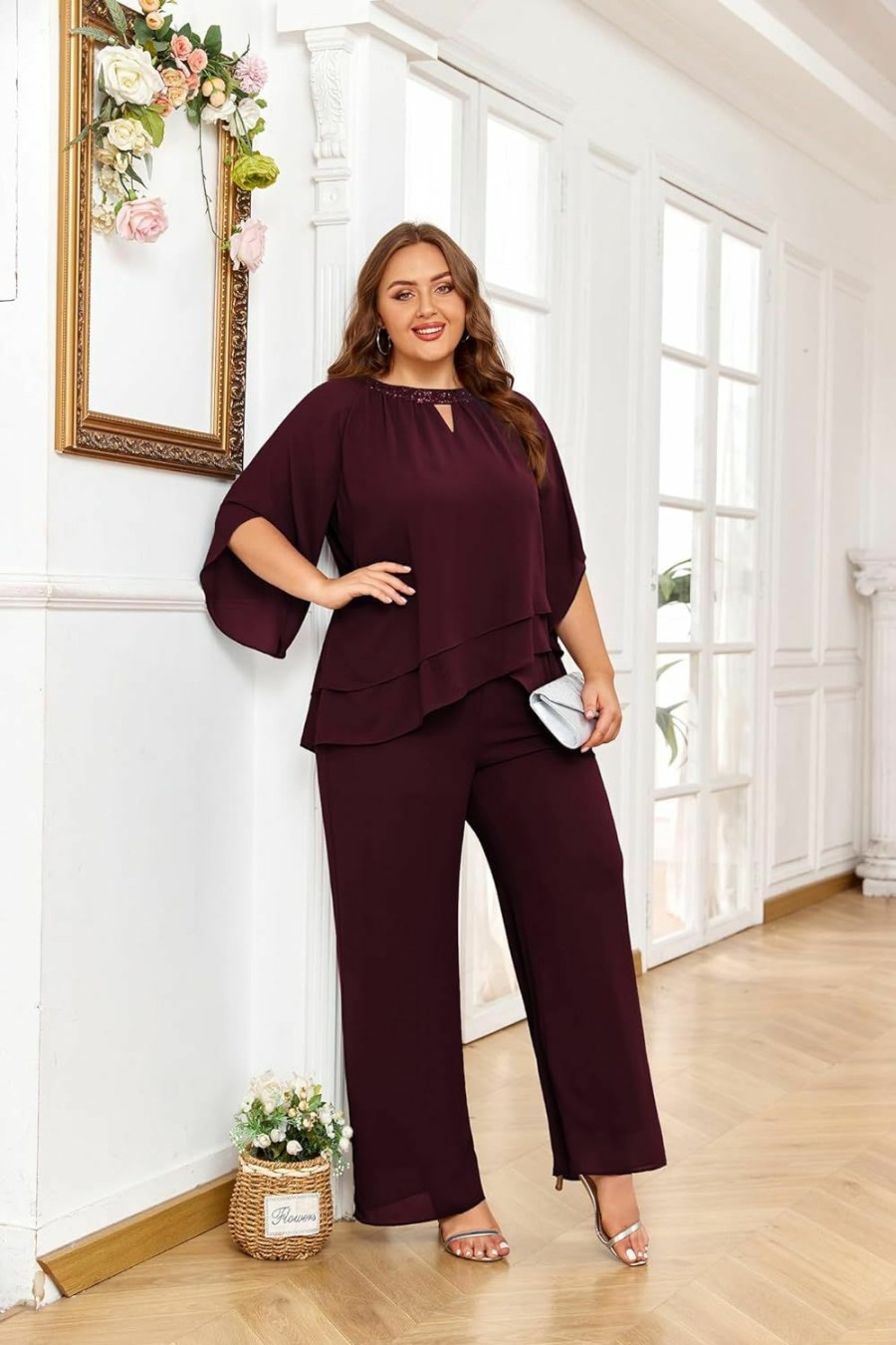 Online Hanna Nikole Hanna Nikole Mother Of Bride Pant Suits Plus Size Half Sleeve 2 Piece Chiffon Pantsuit Formal Wedding Guest Outfit