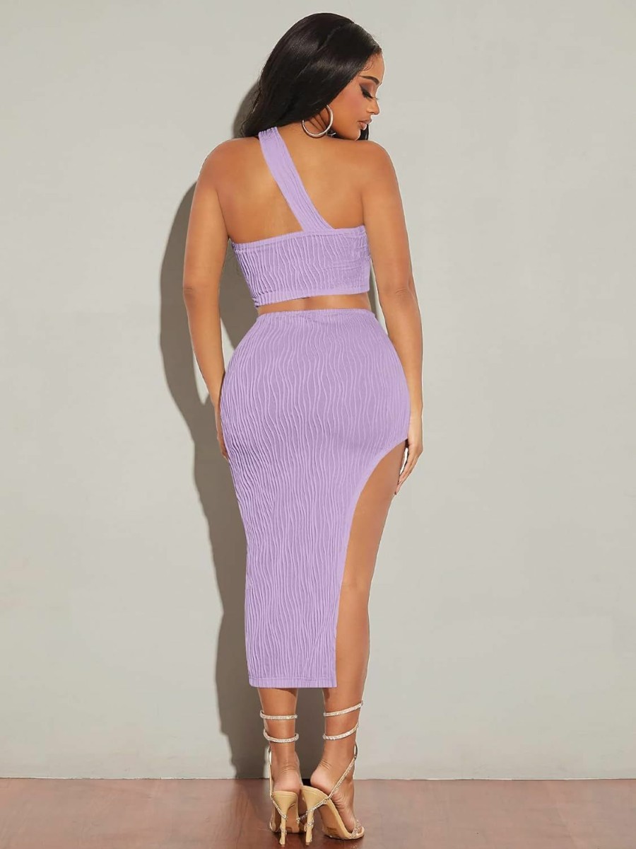 Online Verdusa Verdusa Women'S 2 Piece Outfits One Shoulder Crop Top And Split Bodycon Skirt Sets