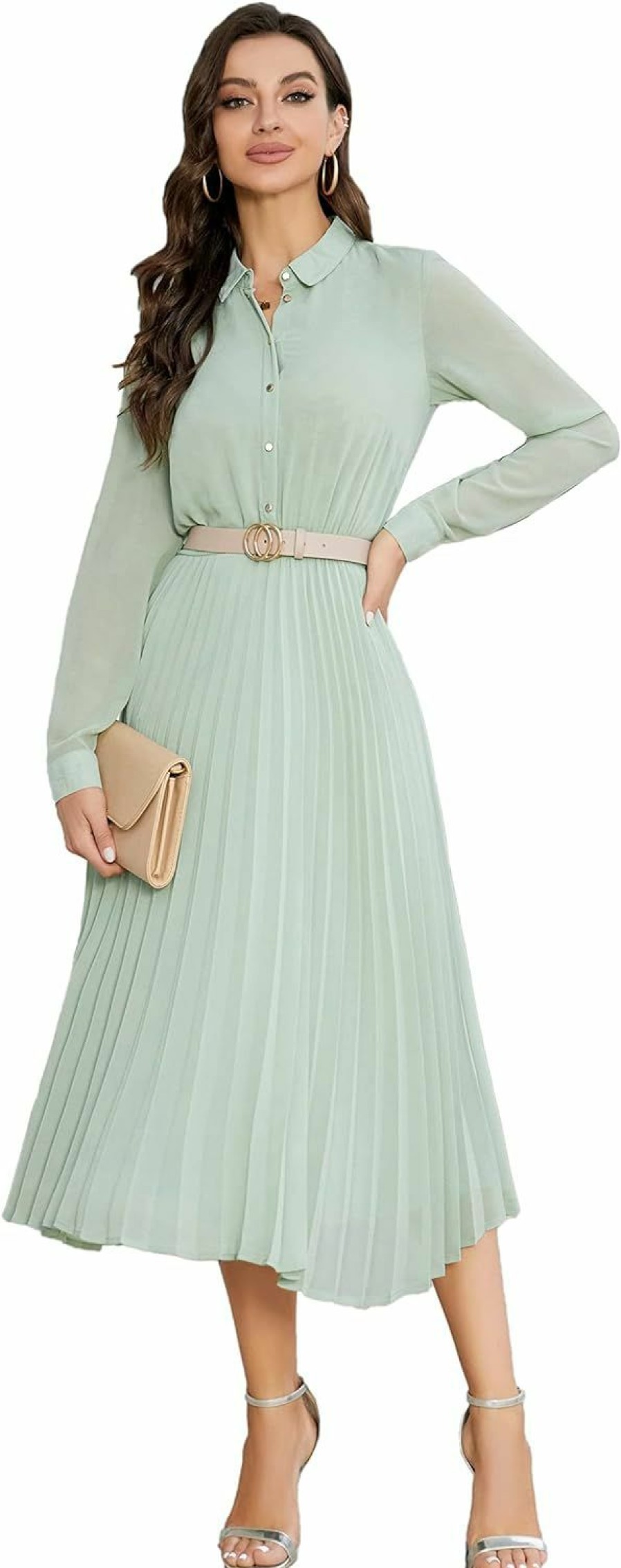 Best AbleTree Business Casual Shirt Dress For Women Long Sleeves Pleated Midi Dresses With Belt