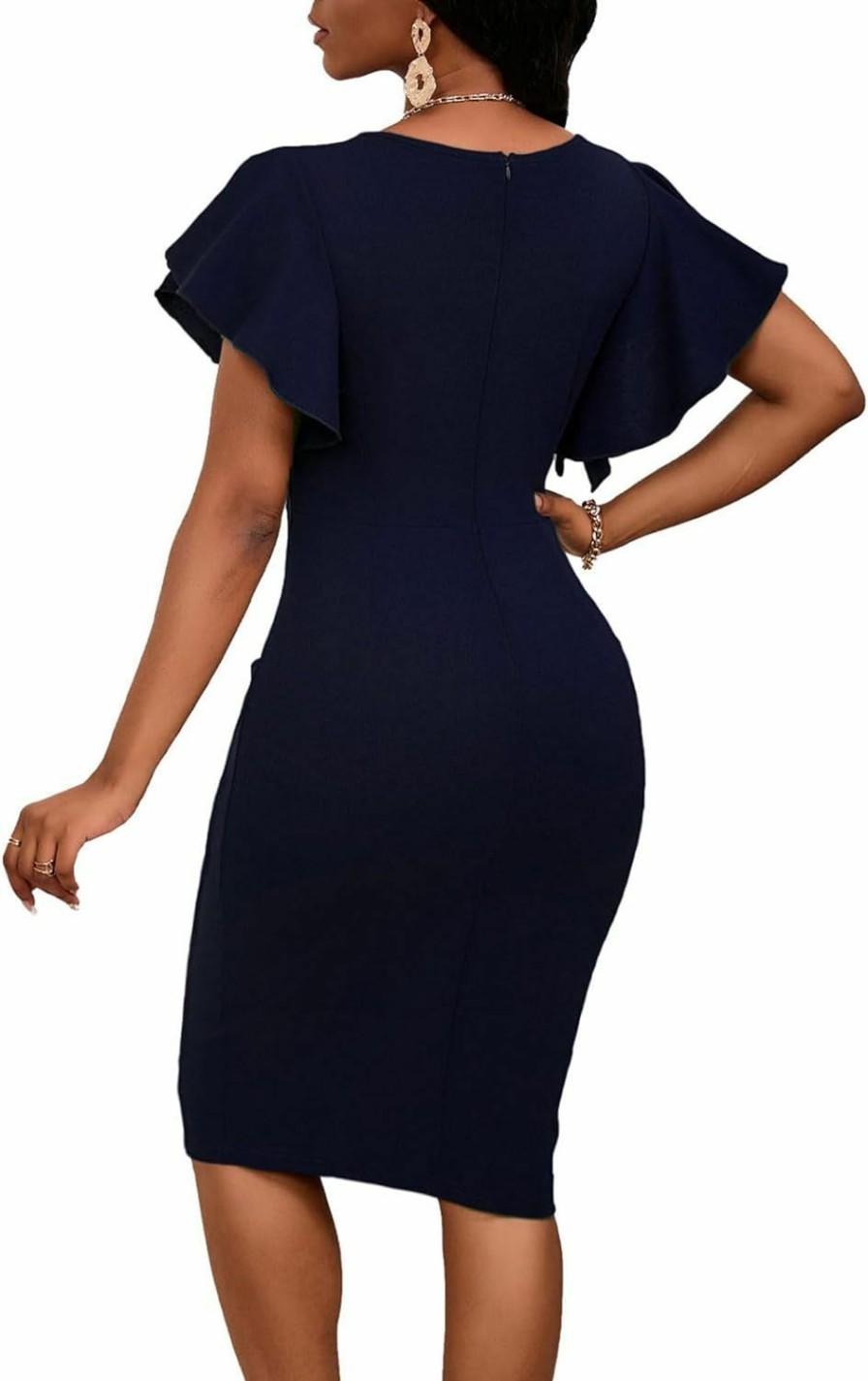 Wholesale Bdwinz Summer Church Dress For Women V Neck Ruffle Short Sleeve Bodycon Cocktail Work Midi Dresses