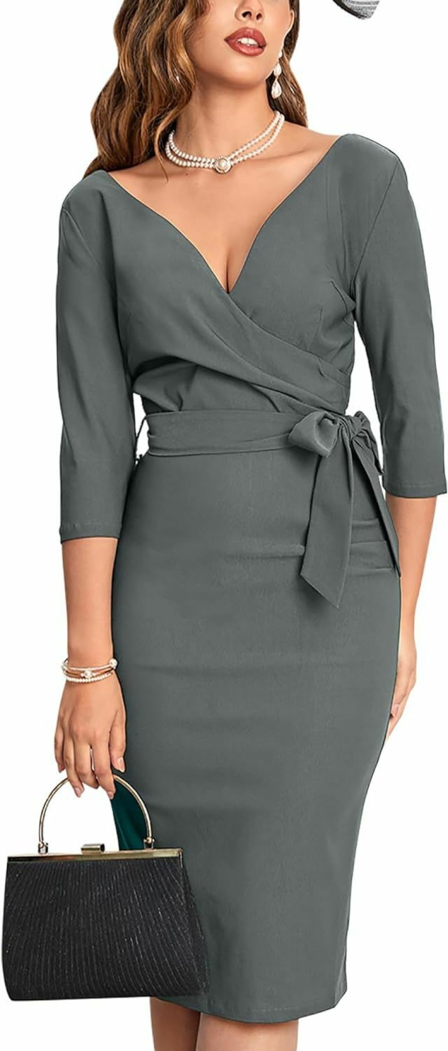 Hot MUXXN Muxxn Women'S Vintage Faux Wrap V Neck 3/4 Sleeve Formal Classic Party Work Dress With Belt