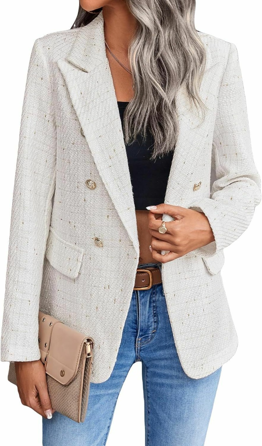 New MakeMeChic Makemechic Women'S Tweed Blazer Long Sleeve Lapel Neck Button Front Blazer Jacket Coat