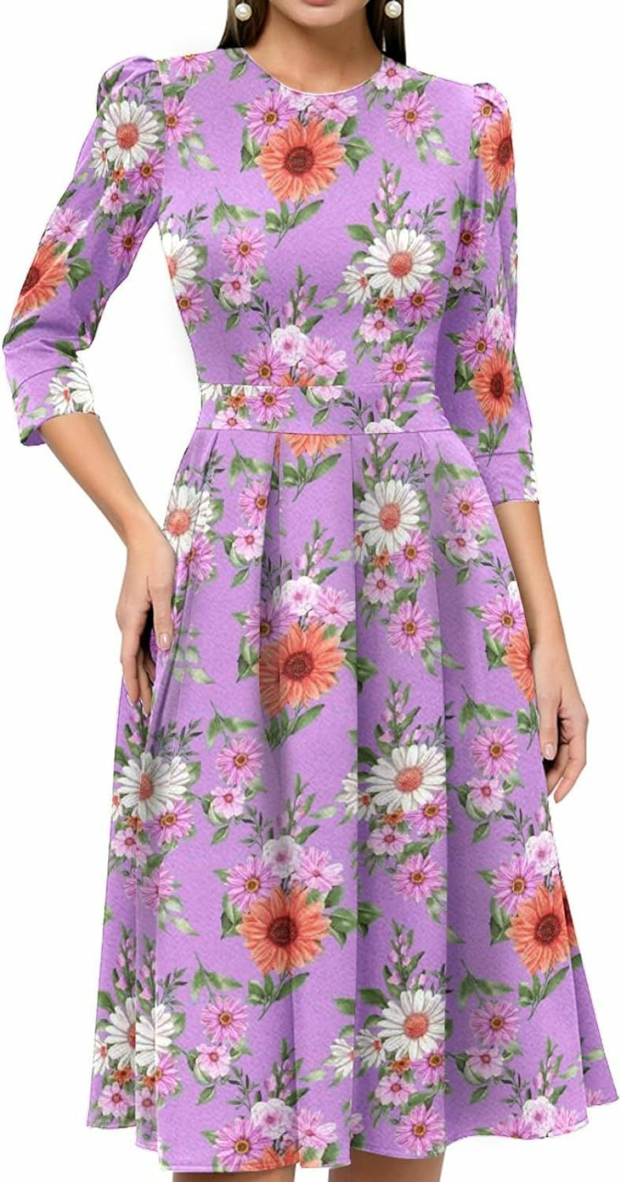 Wholesale Simple Flavor Simple Flavor Women'S Floral Vintage Dress Elegant Midi Evening Dress 3/4 Sleeves