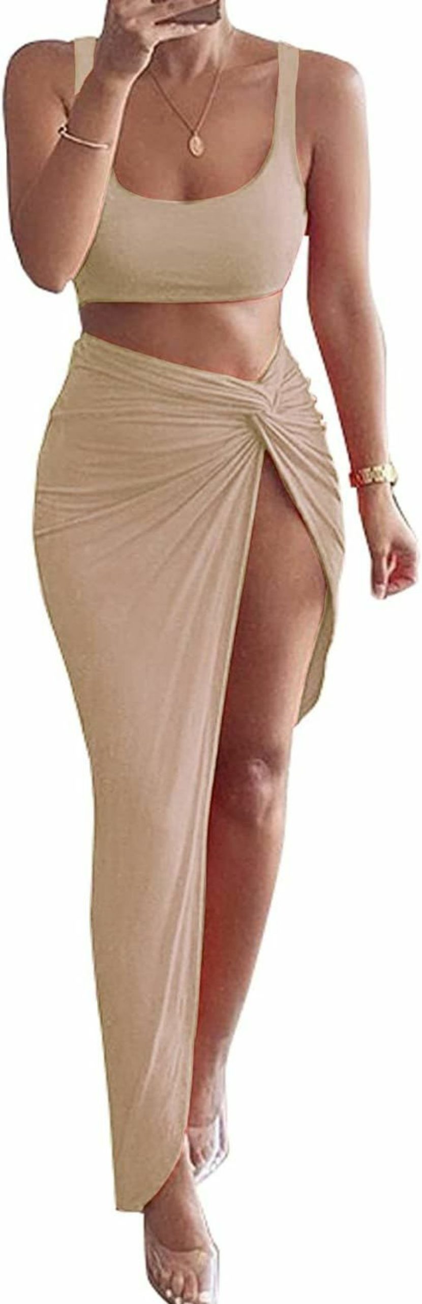 Best PRIMODA Primoda Women'S 2 Piece Dress Outfit Sleeveless Tank Crop Bodycon High Slit Maxi Long Skirt Set