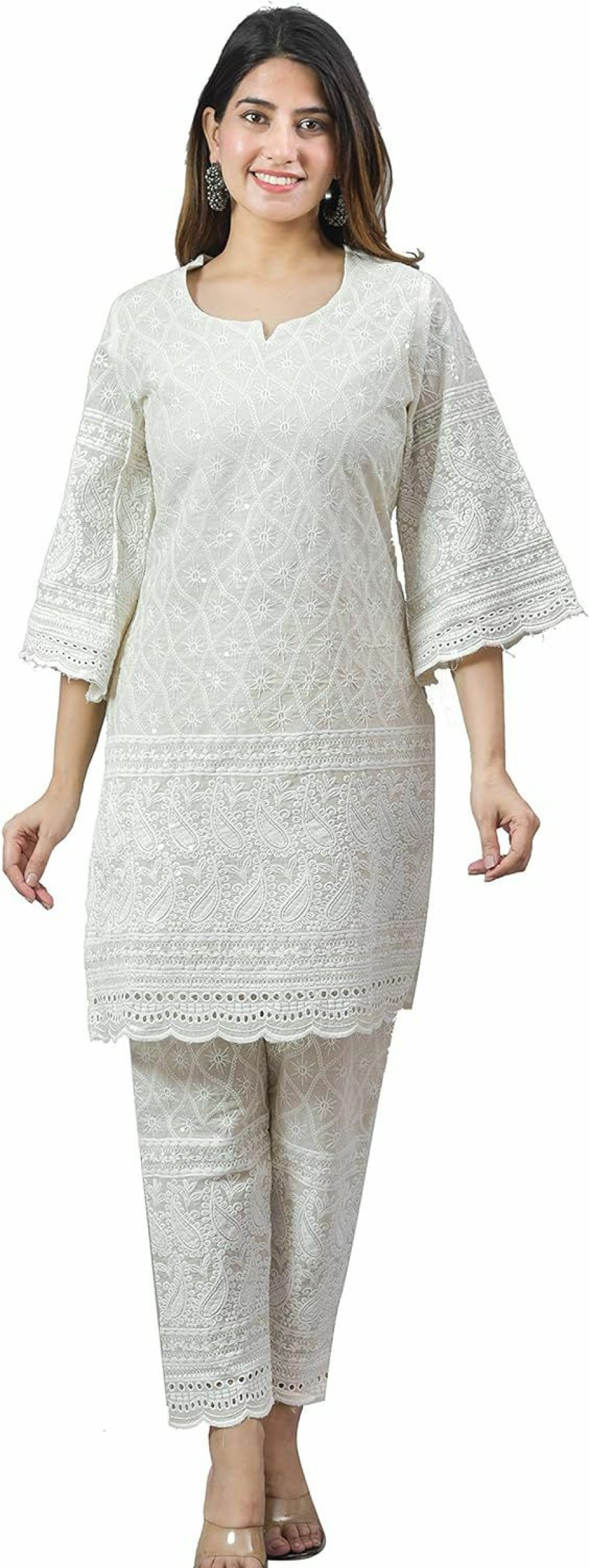 New Vrnda Indian Cream White Chikankari Cotton Kurtis For Women Summer Dress Tunic Top Pant Set Pakistani Salwar Suit