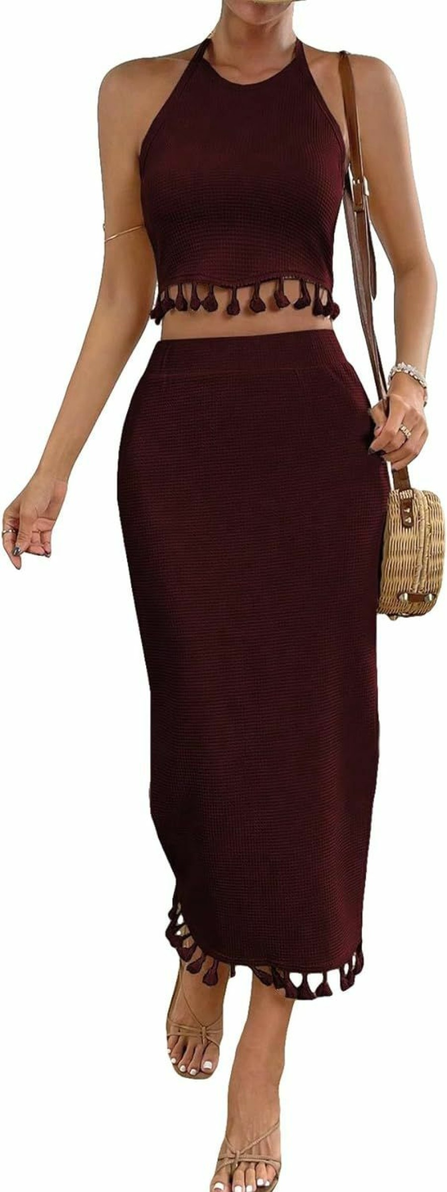 New SHENHE Shenhe Women'S 2 Piece Tassel Trim Backless Halter Crop Top And Slit Midi Skirt Boho Set