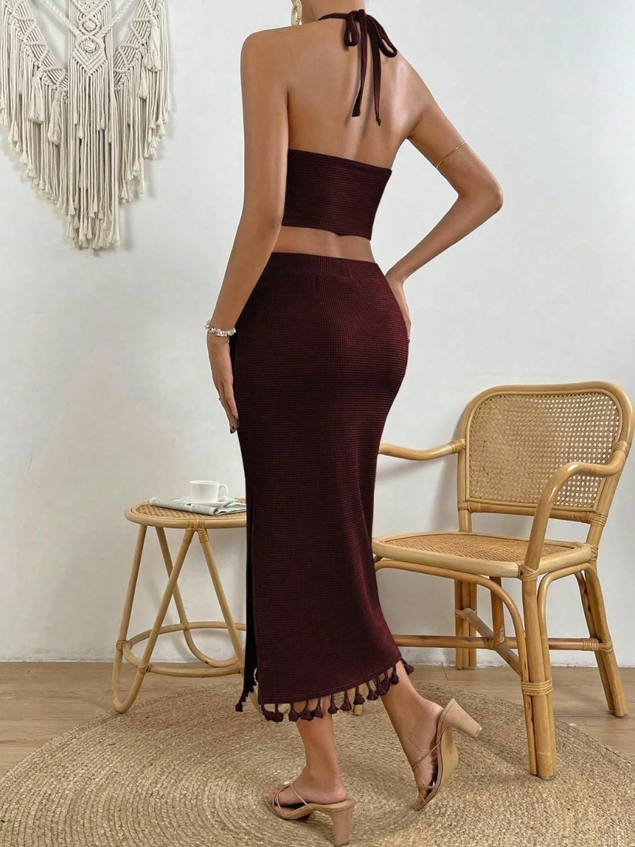 New SHENHE Shenhe Women'S 2 Piece Tassel Trim Backless Halter Crop Top And Slit Midi Skirt Boho Set