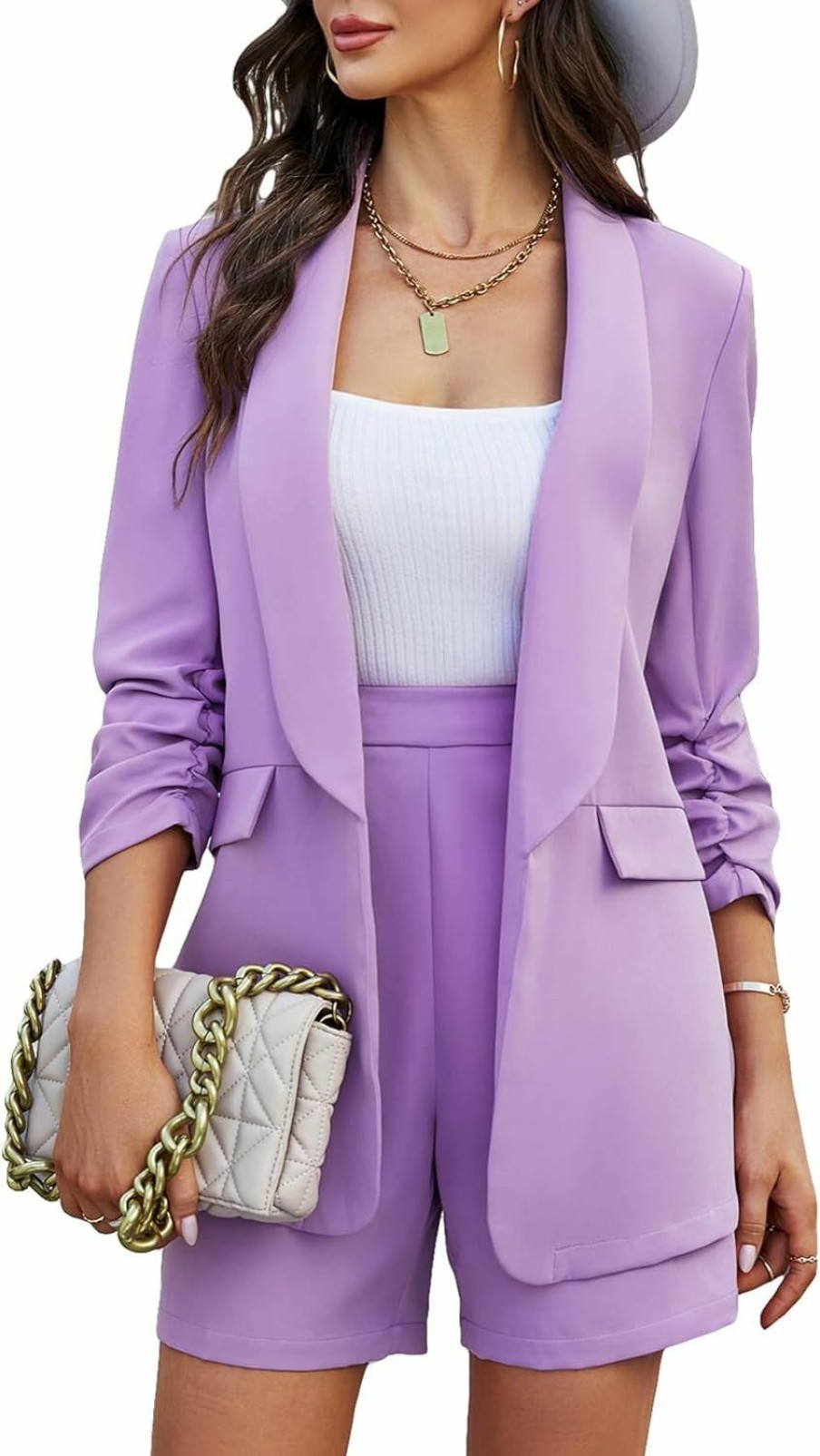 New MakeMeChic Makemechic Women'S 2 Piece Outfits Shawl Collar Ruched Open Front Long Sleeve Blazer And High Waist Shorts Set