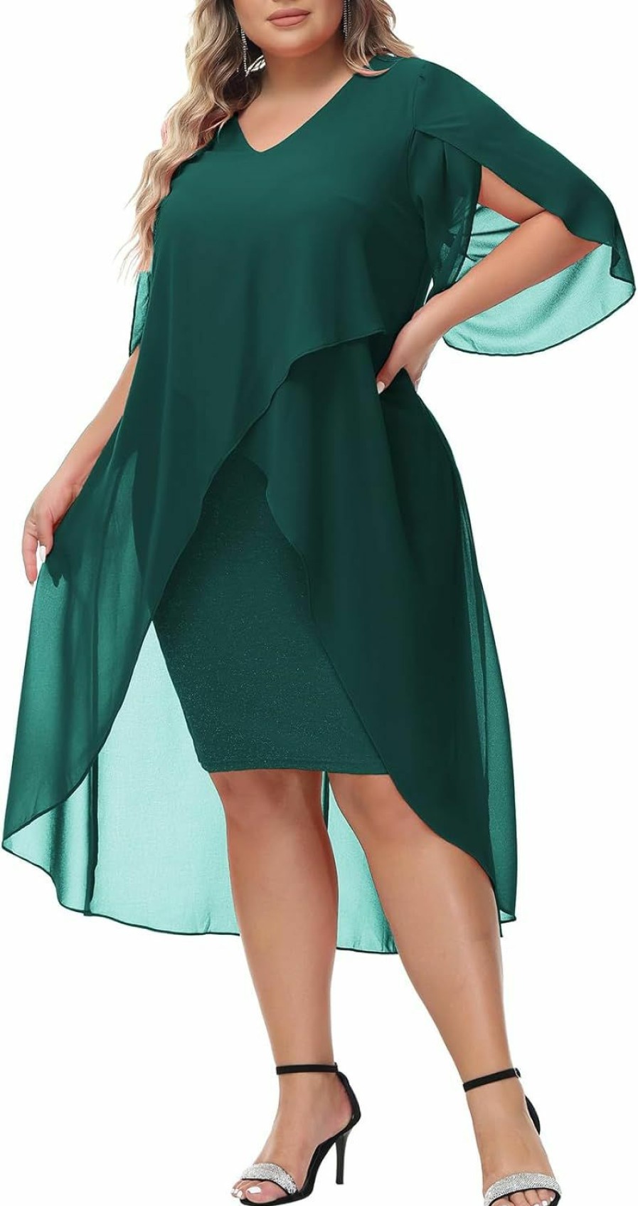 Online Hanna Nikole Hanna Nikole Womens Plus Size Chiffon Cocktail Dress Ruffle 3/4 Sleeve Wedding Guest Party Dresses With High Low Hem