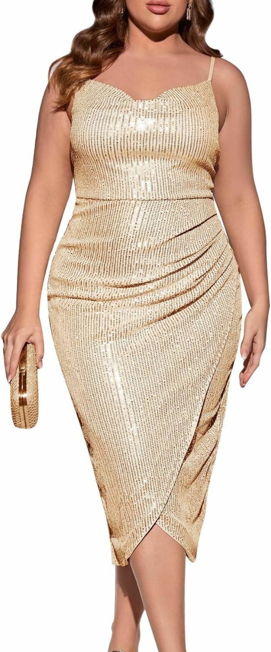 Wholesale ZOMVA Zomva 2023 Plus Size Sparkle Sequin Dress Glitter Ruched Spaghetti Strap Midi Dress Party Club Homecoming