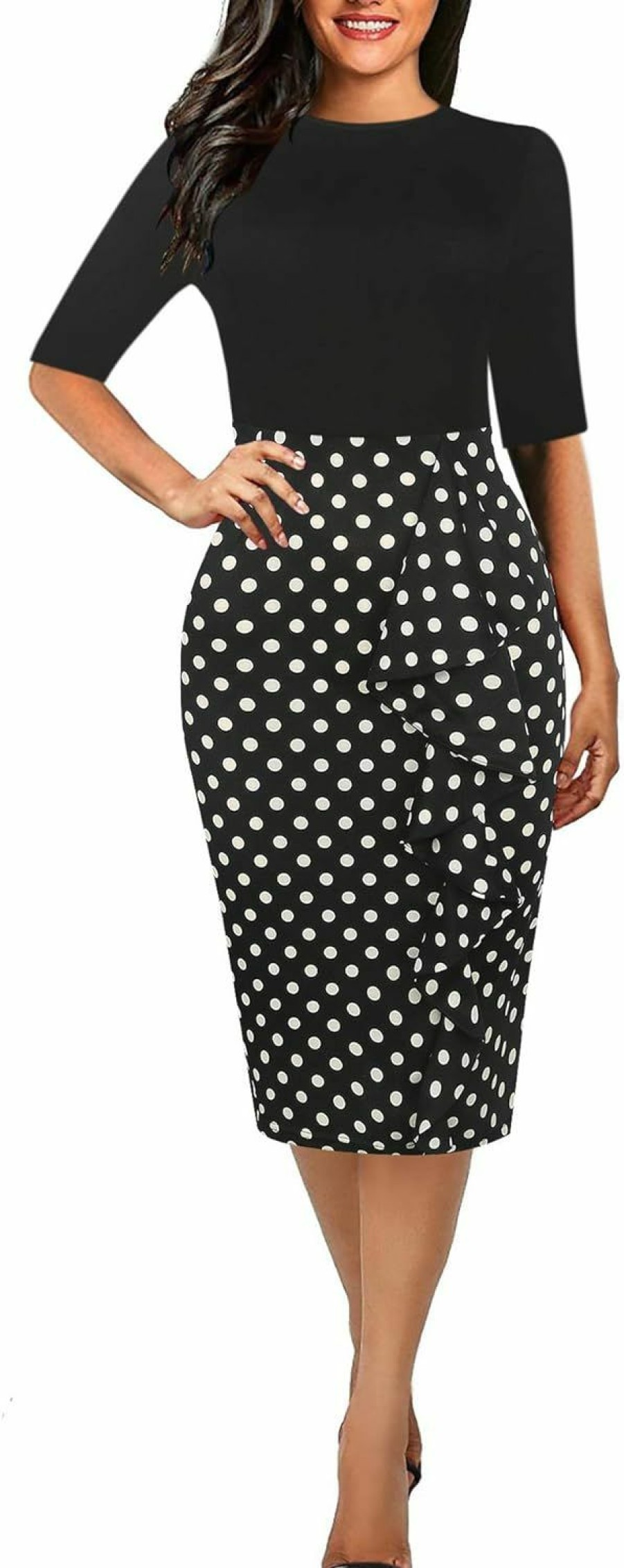 New CISMARK Cismark Women'S Vintage Short Sleeve Polka Dot Falbala Fold Slim Fit Pencil Dress