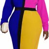 Online AOMEI Aomei Women'S Colorblock Button Down Long Sleeve High Waist Pencil Dress