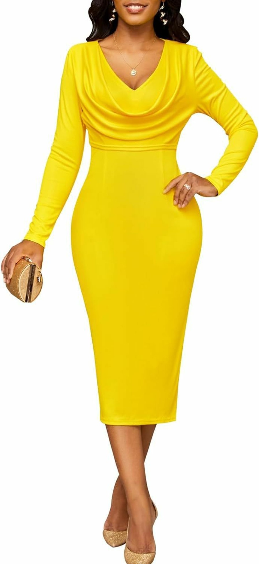 Wholesale ZonJie Women Church Dresses Bodycon Long Sleeve Vintage Ruched Work Midi Pencil Dress