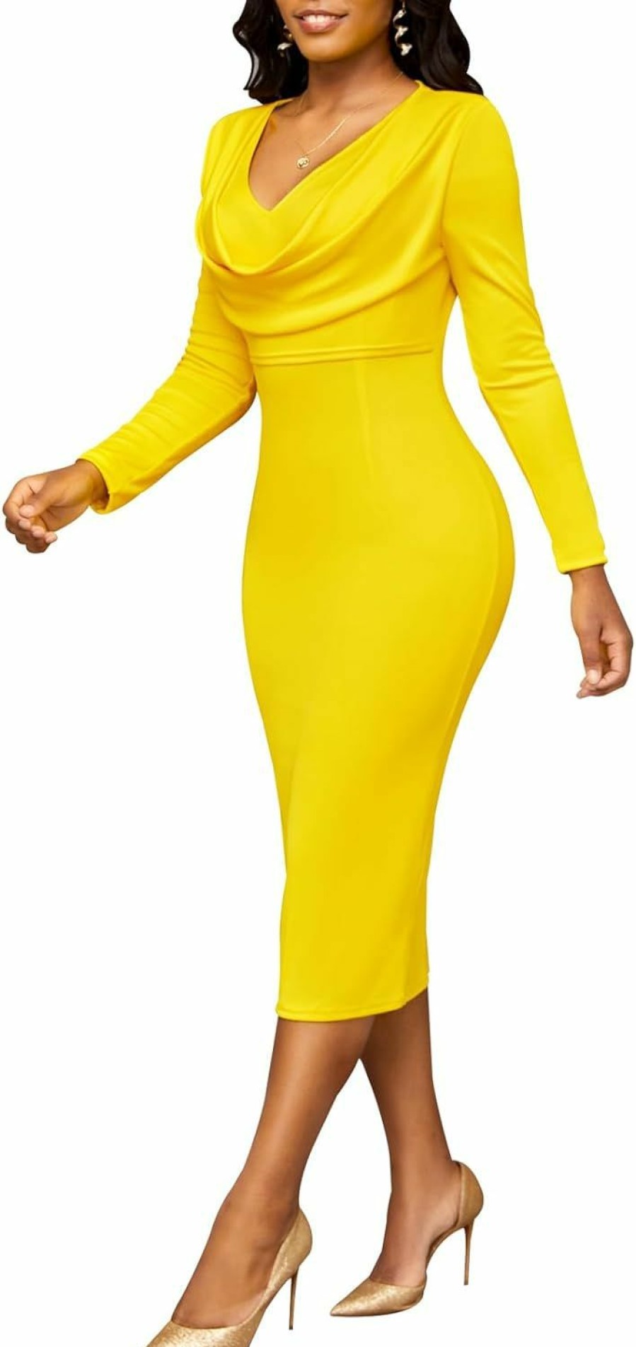 Wholesale ZonJie Women Church Dresses Bodycon Long Sleeve Vintage Ruched Work Midi Pencil Dress