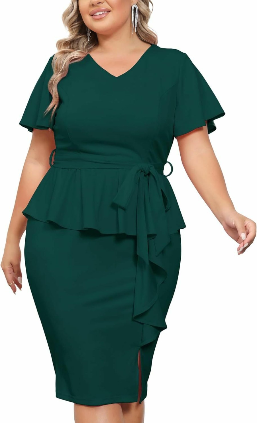 Best Hanna Nikole Hanna Nikole Women Plus Size Pencil Dress V Neck Ruffle Sleeves Vintage Wedding Guest Dress Wear To Work Dresses