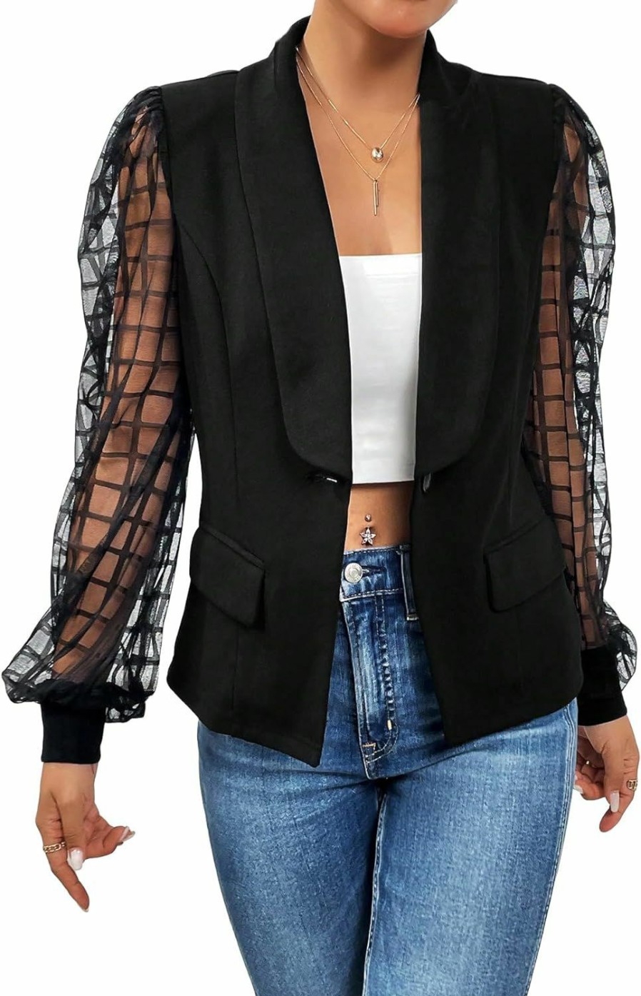 Wholesale WDIRARA Wdirara Women'S Contrast Mesh Jackets Lantern Sleeve Shawl Collar See Through Single Button Knitted Blazer