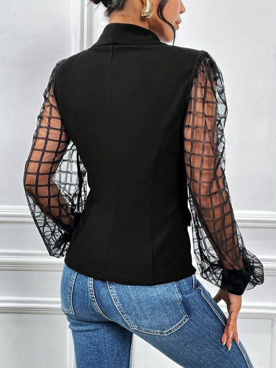 Wholesale WDIRARA Wdirara Women'S Contrast Mesh Jackets Lantern Sleeve Shawl Collar See Through Single Button Knitted Blazer