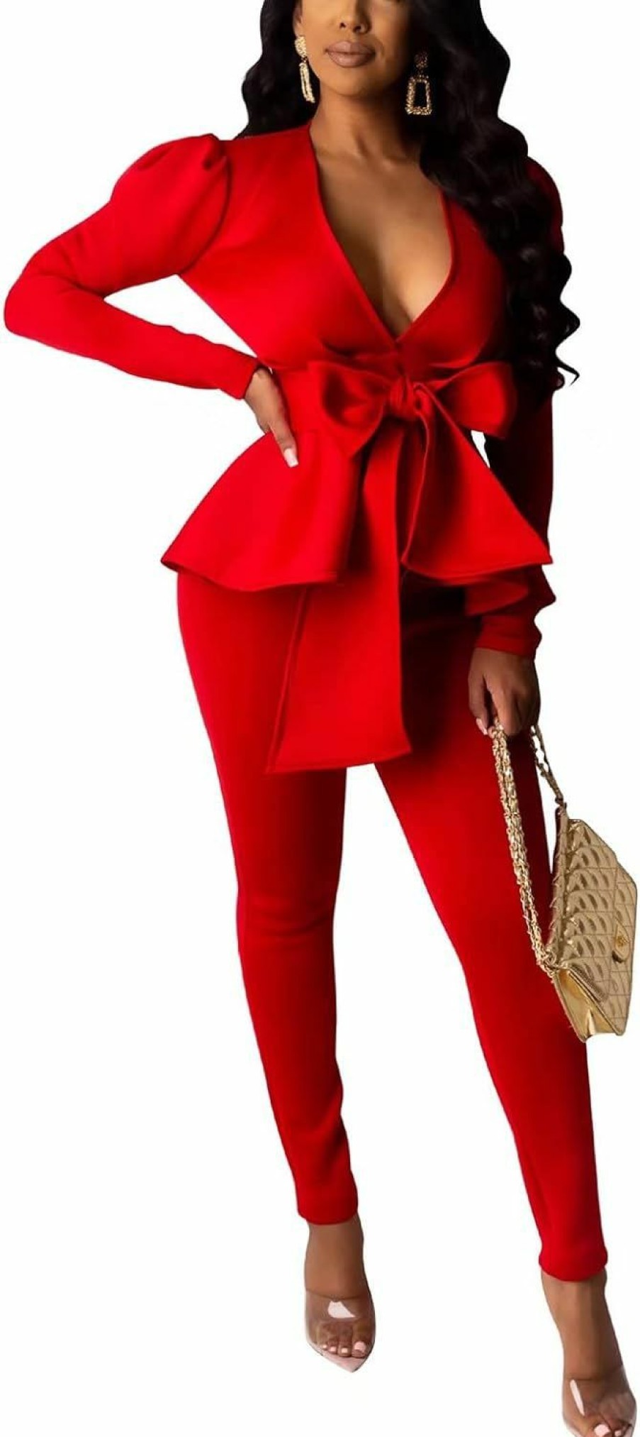 Wholesale Remelon Remelon 2 Piece Outfits For Women Blazer With Pants Deep V Long Sleeve Slim Fit Ruffle Pelplum Business Suit