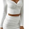 Clearance GORGLITTER Gorglitter Women'S 2 Piece Outfit Twist Front Long Sleeve Crop Tee Top Ruched Bodycon Mini Skirt Set