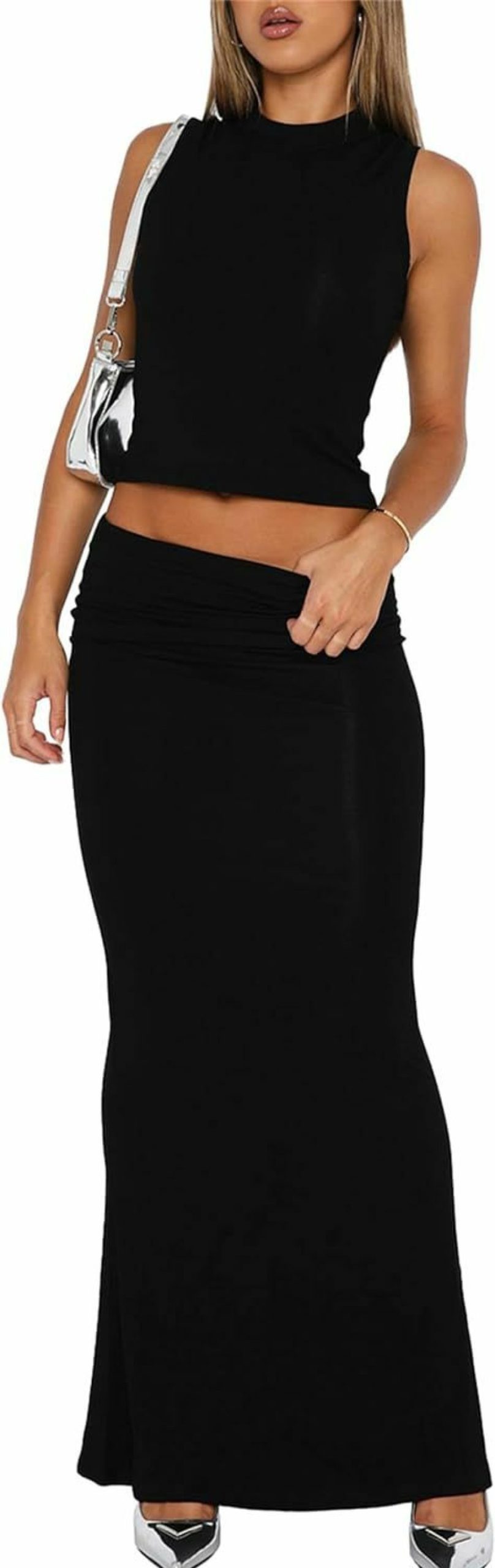 Hot Lybiogs Skirt Sets Women 2 Piece Outfits - Sexy Two Pc Sleeveless Tank Crop Top Fold Over Maxi Long Skirts