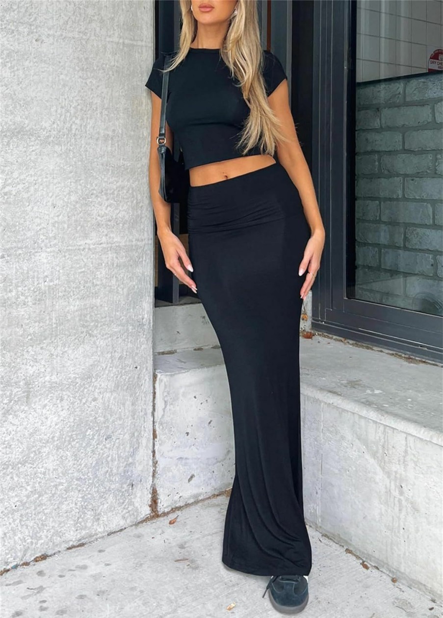 Hot Lybiogs Skirt Sets Women 2 Piece Outfits - Sexy Two Pc Sleeveless Tank Crop Top Fold Over Maxi Long Skirts