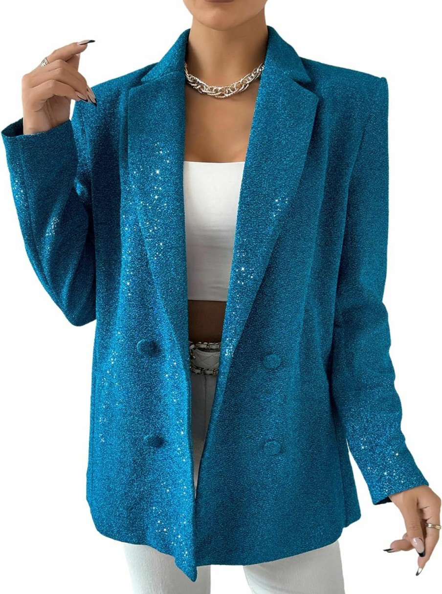 New Sxidecgqi Women'S Glitter Lapel Neck Long Sleeve Blazer Button Front Party Jacket Work Suits