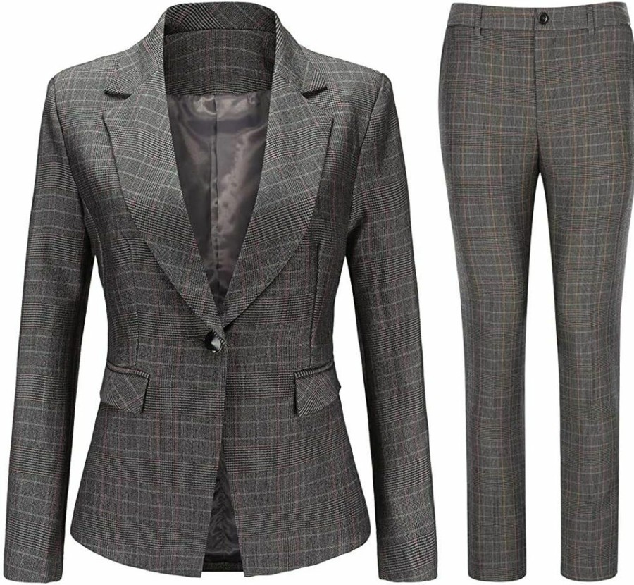 Hot YUNCLOS Yunclos Women'S Vintage 2 Piece Plaid Suit Set 1 Button Stylish Blazer And Pants