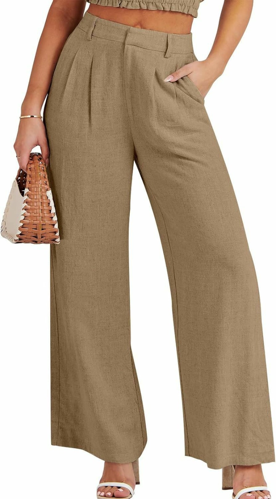 Hot Caracilia Caracilia Women'S Wide Leg Linen Palazzo Pants High Waisted Business Casual Trousers Loose Pleated Dressy Pants With Pocket