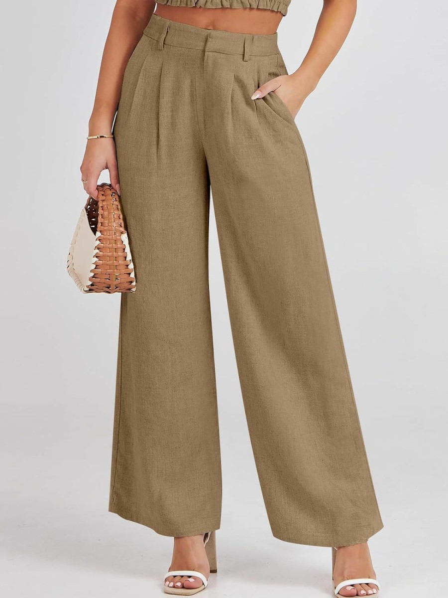 Hot Caracilia Caracilia Women'S Wide Leg Linen Palazzo Pants High Waisted Business Casual Trousers Loose Pleated Dressy Pants With Pocket