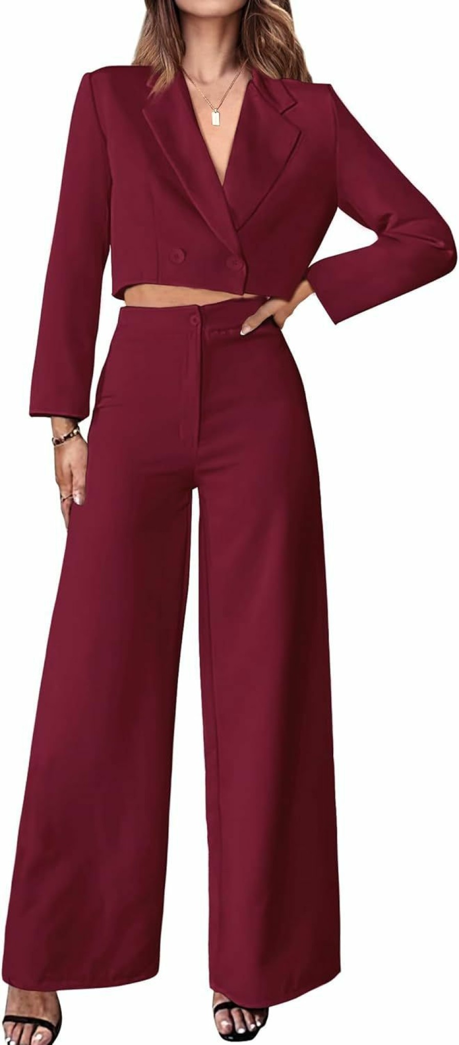 New PRETTYGARDEN Prettygarden Women'S 2 Piece Outfits 2024 Fall Casual Wrap Crop Blazers Jackets Wide Leg Pants Sets For Work Business