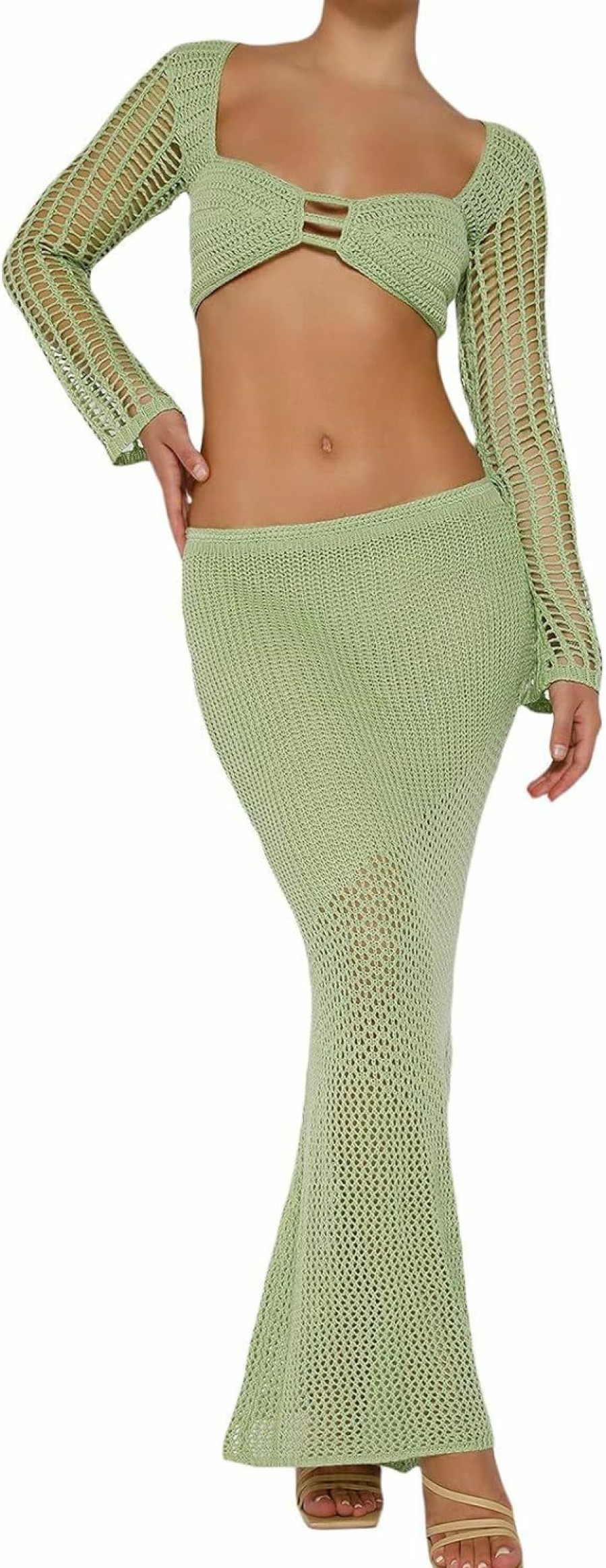 Online Sawden Sawden Women Y2K Crochet Knitted Two Piece Outfits Hollow Out Cami Top And High Waist Mini Skirt Beach Wear