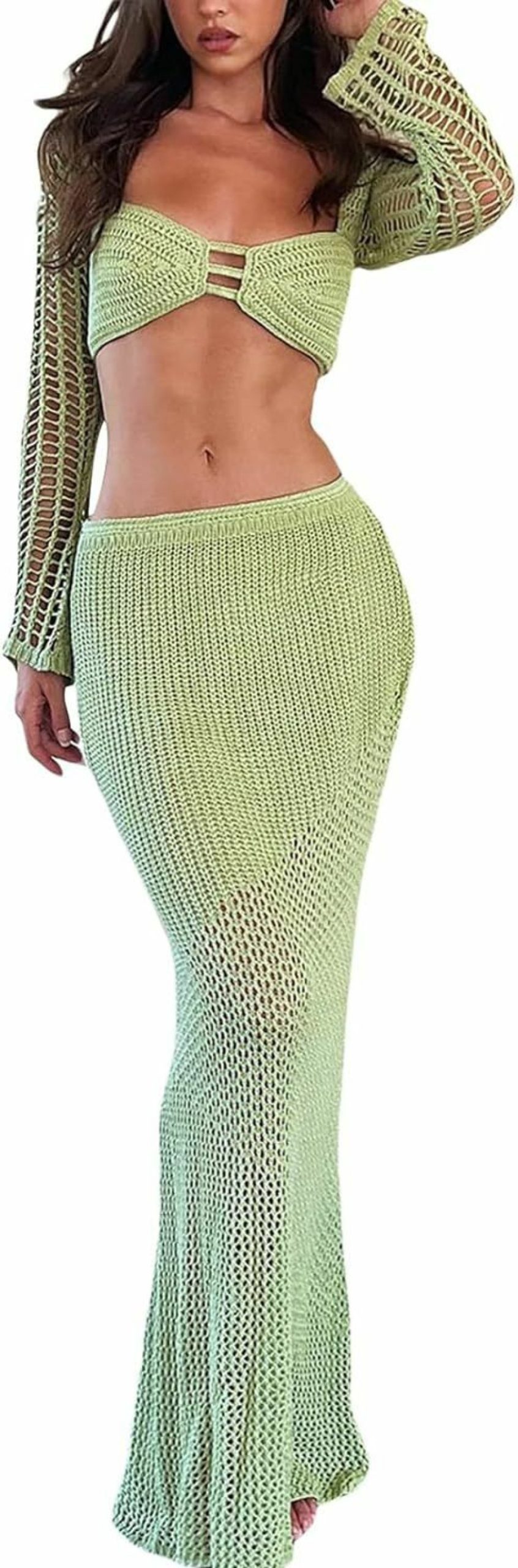 Online Sawden Sawden Women Y2K Crochet Knitted Two Piece Outfits Hollow Out Cami Top And High Waist Mini Skirt Beach Wear