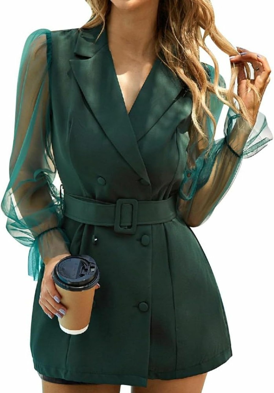 Wholesale OBEEII Blazer Dress For Women Elegant Mesh Long Sleeve Double Breasted Belt Blazer Mini Dress Casual Work Office Blazer Jackets