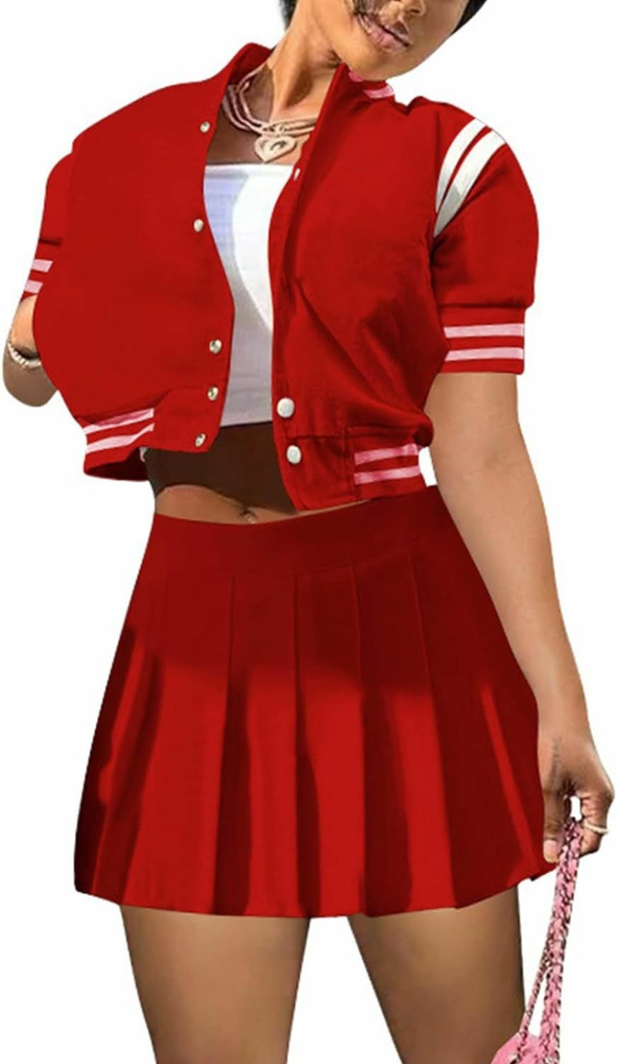 Wholesale Angsuttc Angsuttc Skirt Sets Women 2 Piece Outfits Short Sleeve Cropped Baseball Varsity Jacket Mini Pleated Skirt Outfit