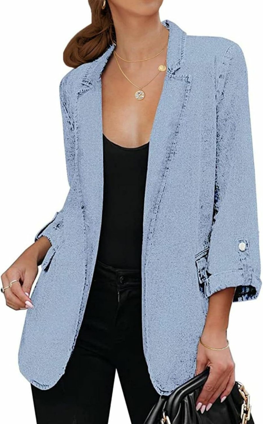 Wholesale Vetinee Vetinee Women'S Open Front Denim Blazer Suit Lapel Washed Rolled Sleeve Jean Jacket Cardigan