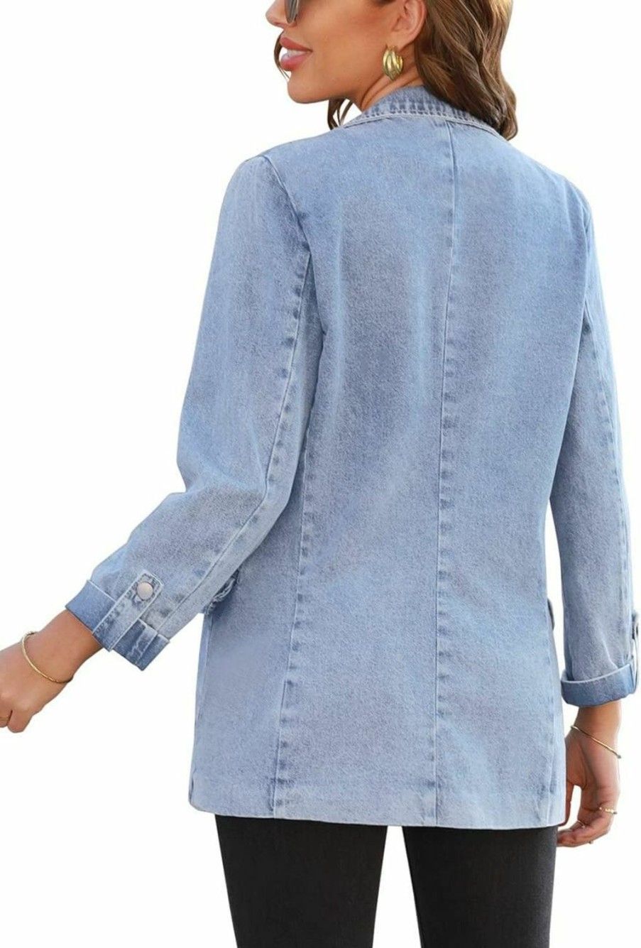 Wholesale Vetinee Vetinee Women'S Open Front Denim Blazer Suit Lapel Washed Rolled Sleeve Jean Jacket Cardigan