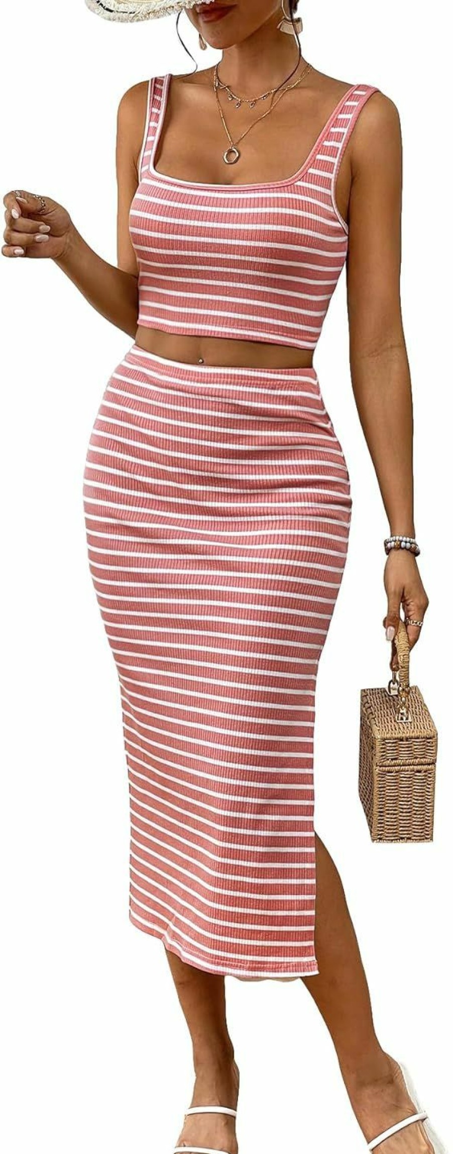 Clearance Floerns Floerns Women'S 2 Piece Outfit Striped Print Tank Top And Split Hem Skirt Set