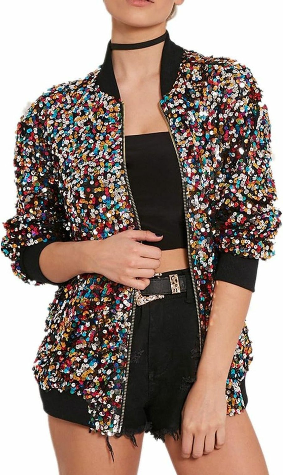 Clearance Cresay Cresay Women'S Sequin Fitted Long Sleeve Zipper Blazer Bomber Jacket