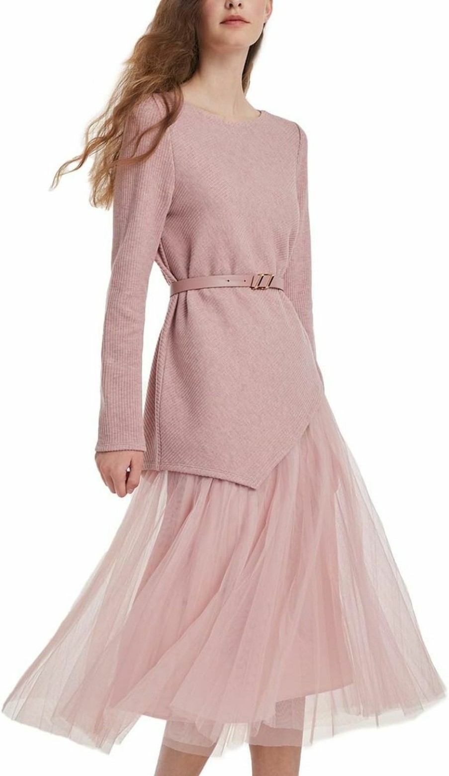 Wholesale GOELIA Goelia Outfits Women Trendy 2023 Long Sleeve Pink Pullover Top And Tulle Skirt Set With Belt