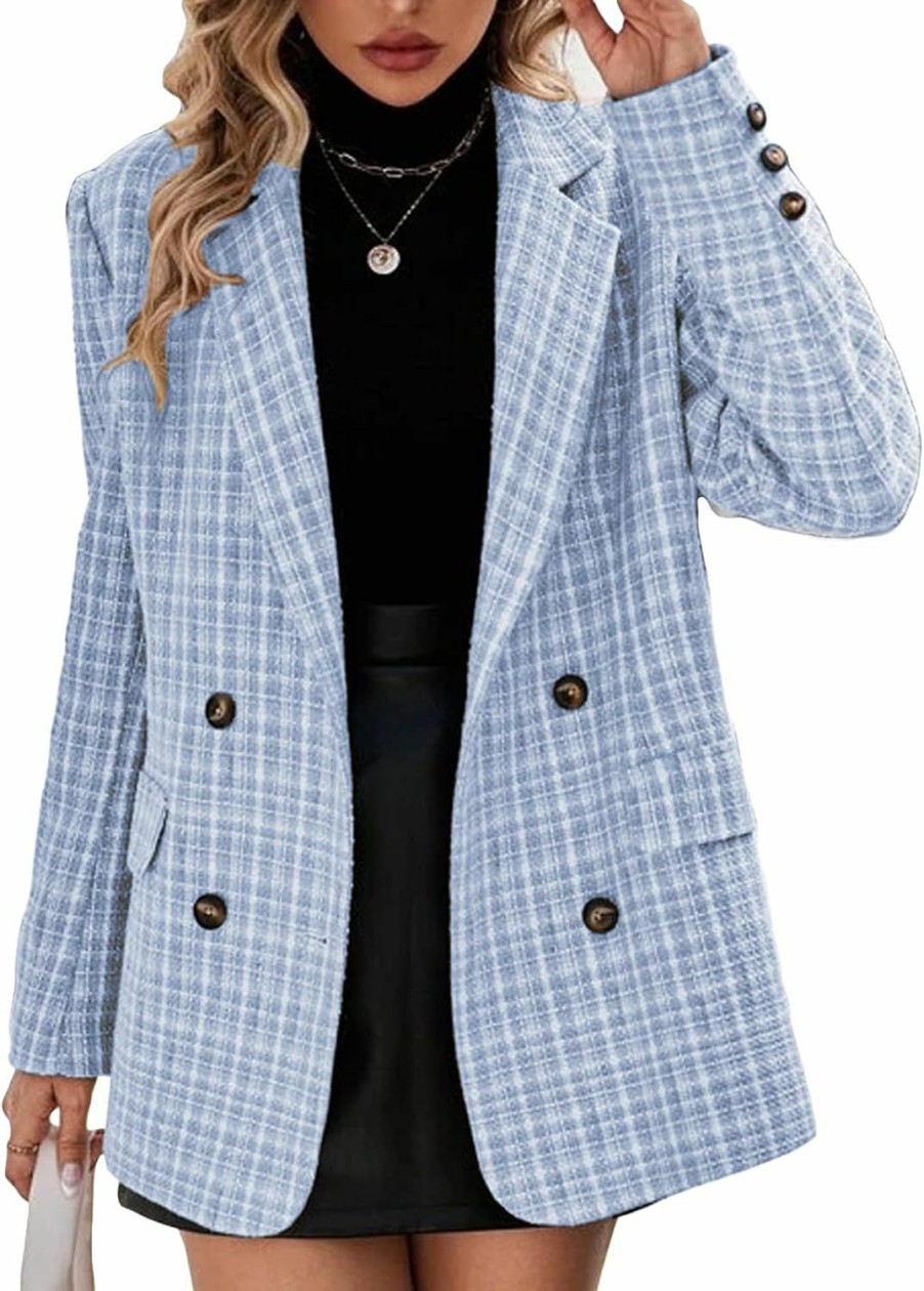 Best Mina self Plaid Tweed Blazer Jacket For Women 2024 Fashion Elegant Open Front Casual Work Office Pocket Suit Coat(S-Xxl)