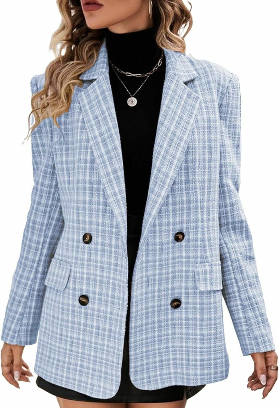 Best Mina self Plaid Tweed Blazer Jacket For Women 2024 Fashion Elegant Open Front Casual Work Office Pocket Suit Coat(S-Xxl)