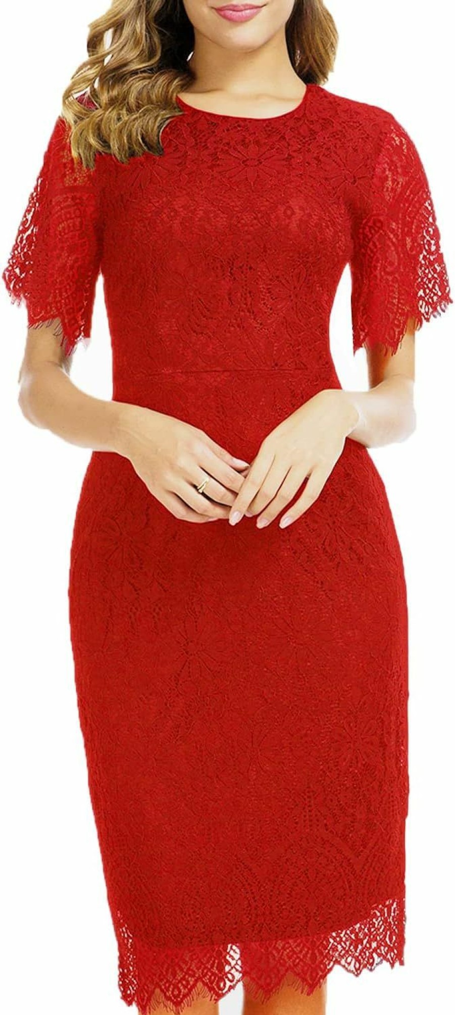 Best MSLG Mslg Women'S Elegant Floral Lace Round Neck Short Sleeves Cocktail Party Bodycon Knee Length Dress 931