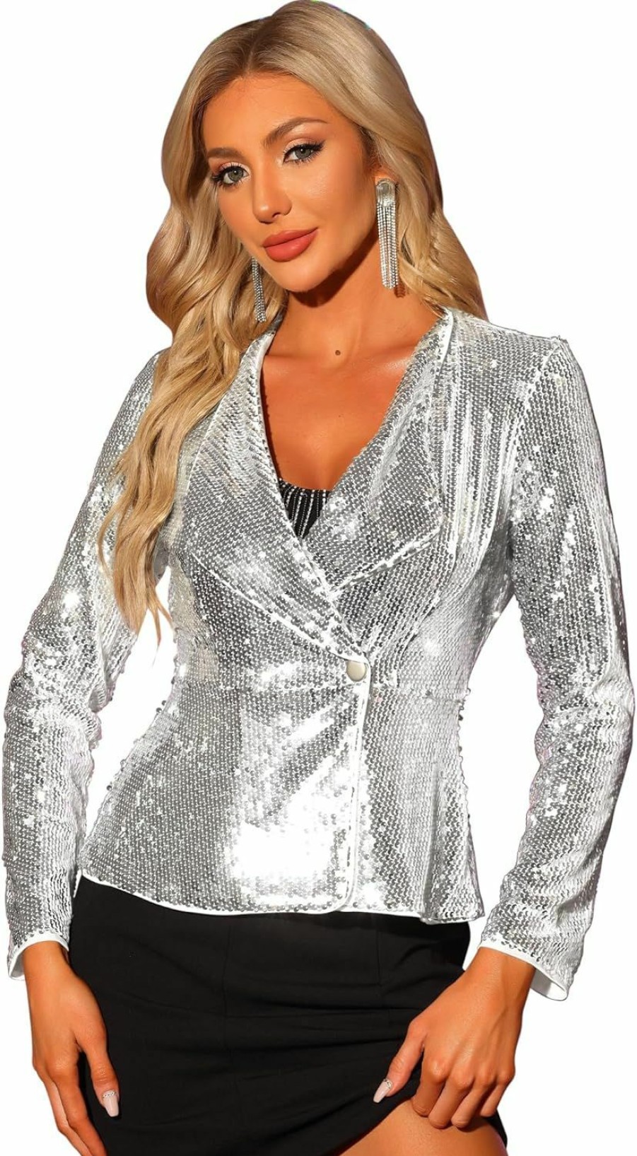 Clearance Allegra K Allegra K Sequin Jacket For Women'S Lapel Blazer 1 Button Long Sleeves Halloween Sparkle Party Jacket